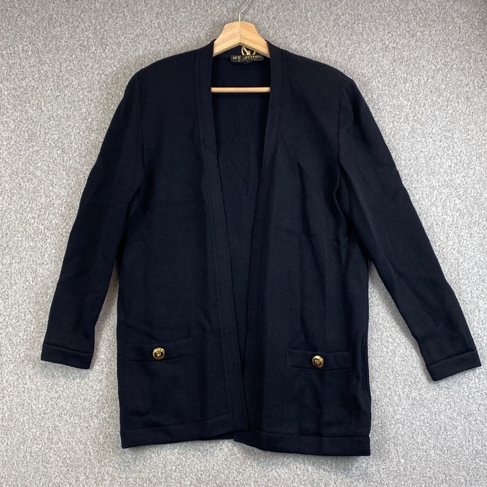 St. John basics long line cardigan enameled button S quiet luxury sweater blazer
